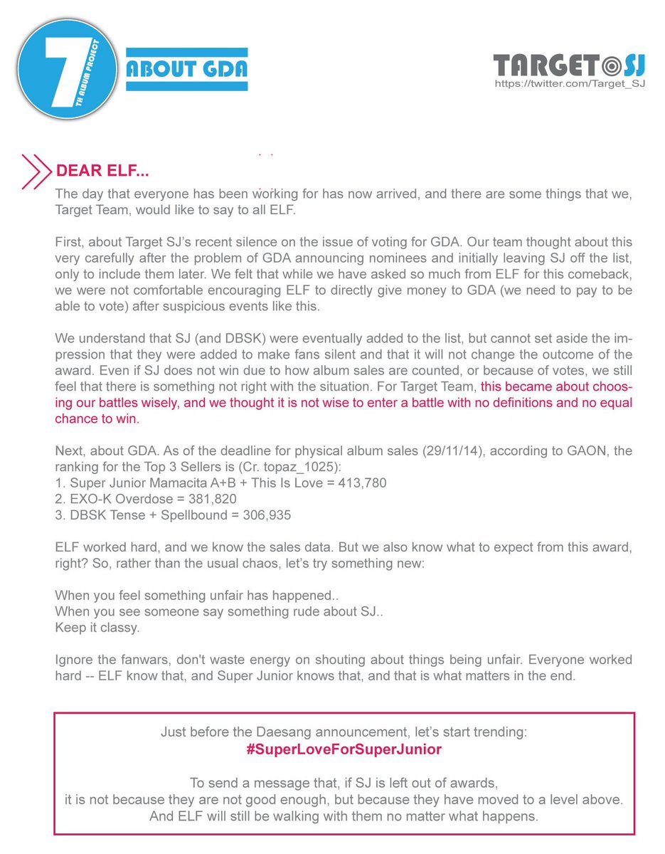 Target_SJ's tweet photo. Dear ELF, today is the GDA Album Award day. Please kindly read and spread this. ^^ http://t.co/KHSZ3URbUD