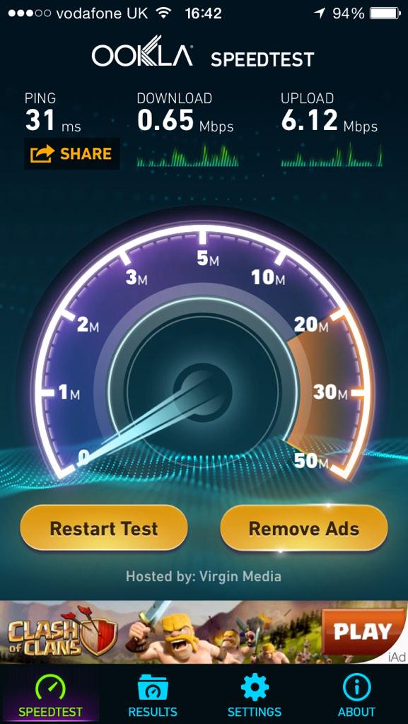 russdaubney's tweet photo. @virginmedia asked me how my 100mb fibre optic broadband is doing.. I think this answers how bad it is! @mattiem1976 http://t.co/xe9RFLdN01