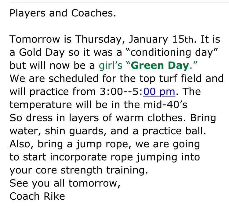 ROBOGIRLSSOCCER's tweet photo. New info from coach Rike regarding green day today!! http://t.co/0KeFM4gfAI