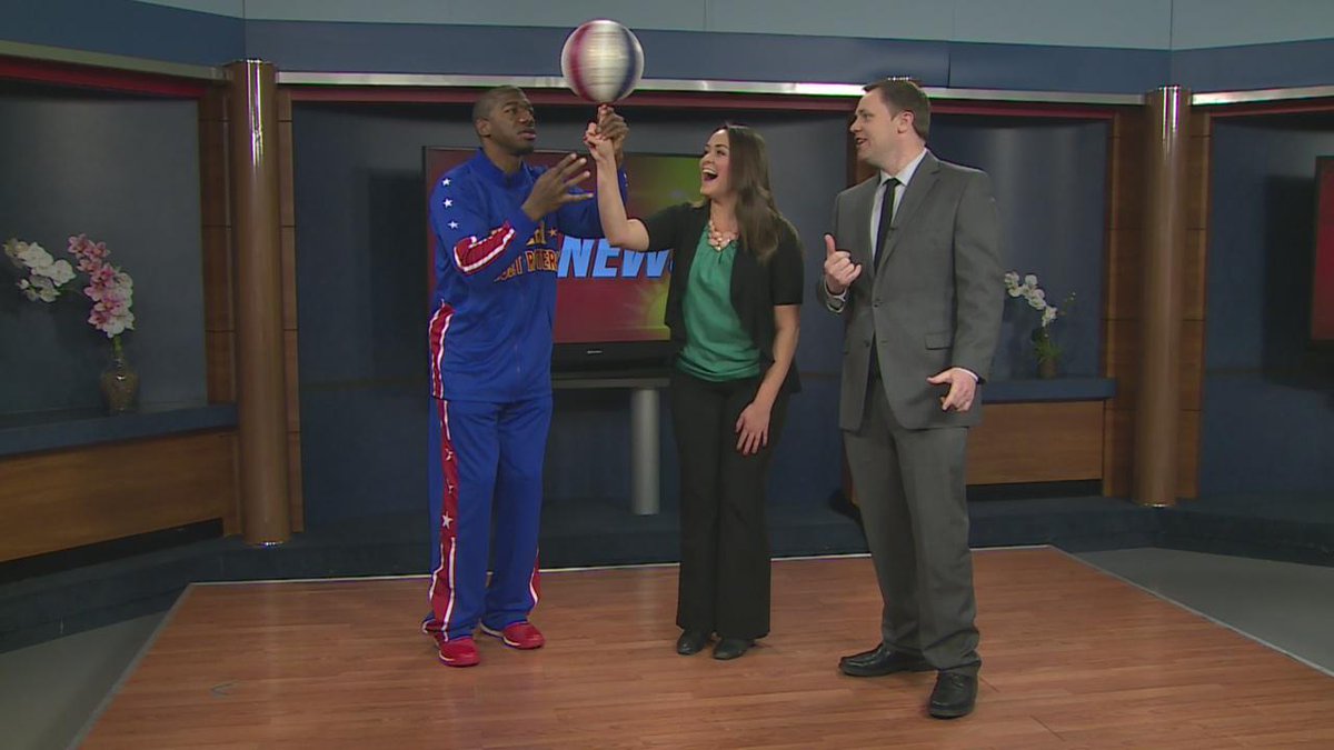 Harlem Globetrotters' Buckets Blakes with <a href="/wibwSarah/">WIBW Sarah Motter</a> this morning. Show is Jan. 30 at the @KsExpo