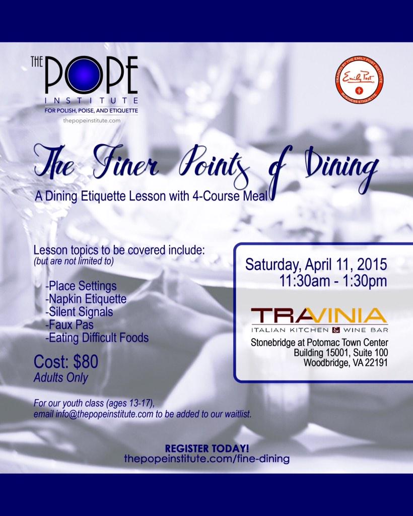 Registration is open! Come join us for our spring dining class at Travinia. #etiquette
