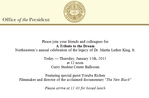 NUStudentLife's tweet photo. “A Tribute to the Dream” is today at noon! Music, lunch, a great guest speaker – it’s bound to be an exciting event!! http://t.co/H1yNjolJC5