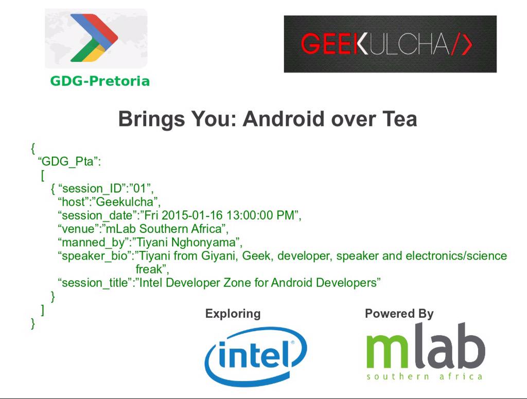 Geekulcha's tweet photo. .@TiyaniTee will be leading the Android over Tea session, covering @Intel's Dev zone for android devs @mlabsa http://t.co/87UkFwrtz0