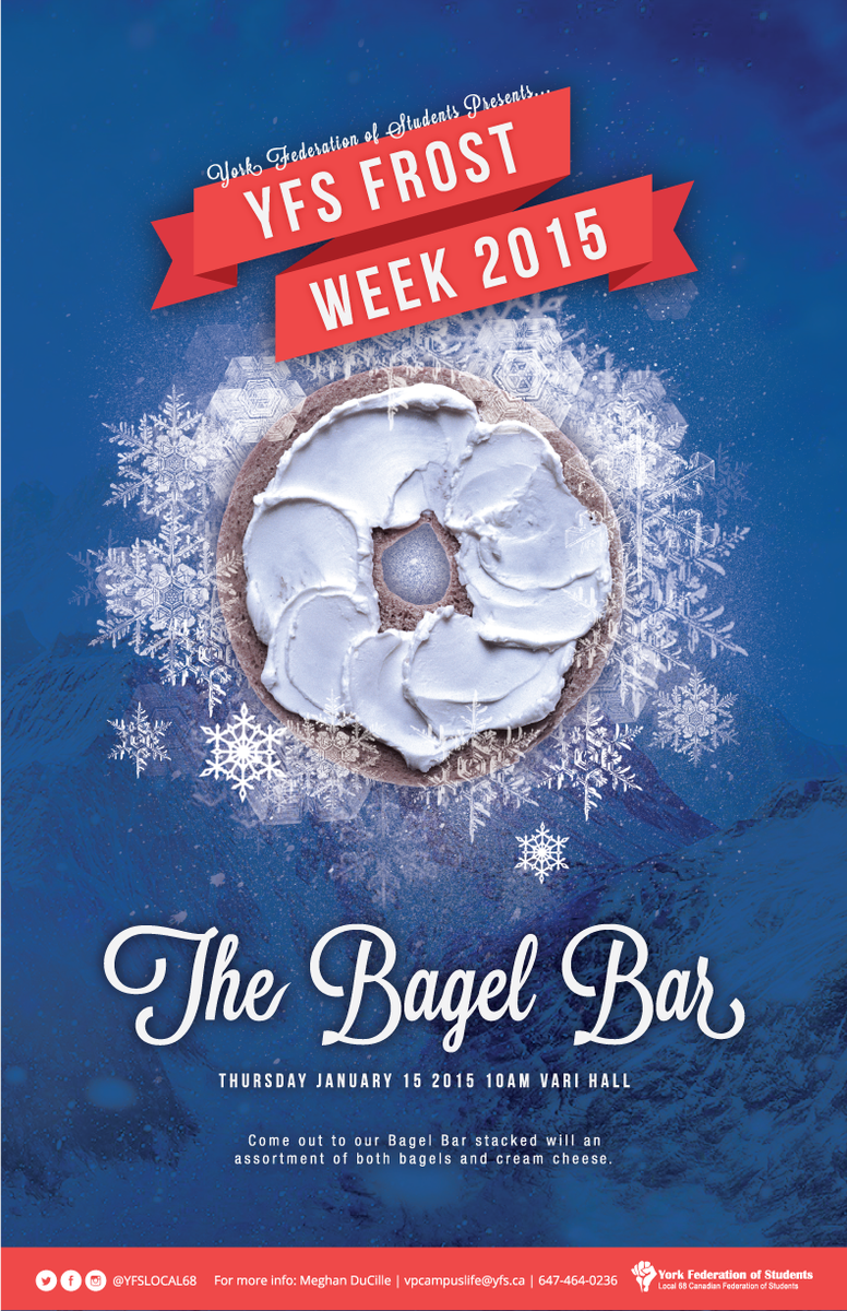 YFSlocal68's tweet photo. Our #yfsfrostweek FREE Bagel Breakfast is about to start in Vari Hall, start your day with breakfast on us! #yorku http://t.co/XKcCxdYSeA