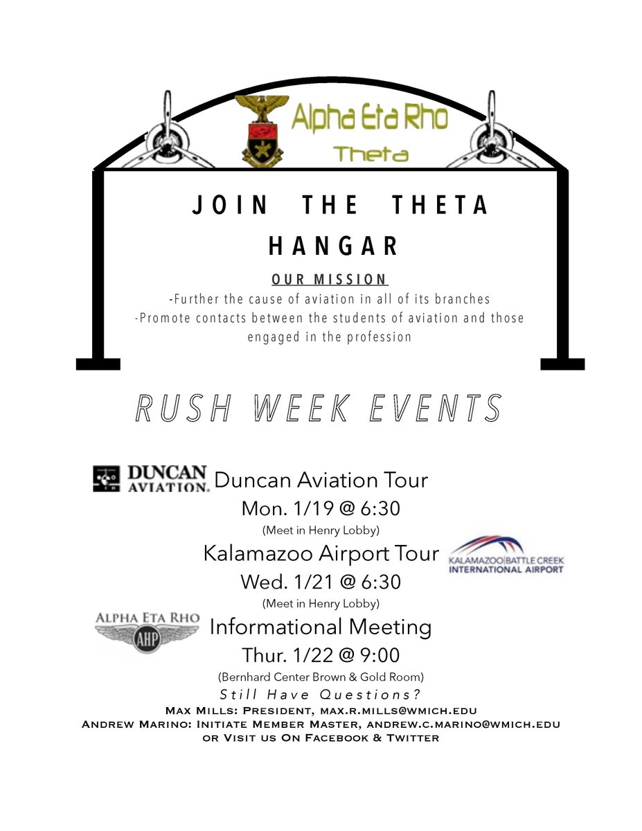 WMUCoA's tweet photo. Join @AHPTheta for their  rush week with tours of @DuncanAviation &amp; @AZOAirport_Kzoo. All are welcome to attend. #AHP http://t.co/3AMUXypbF8