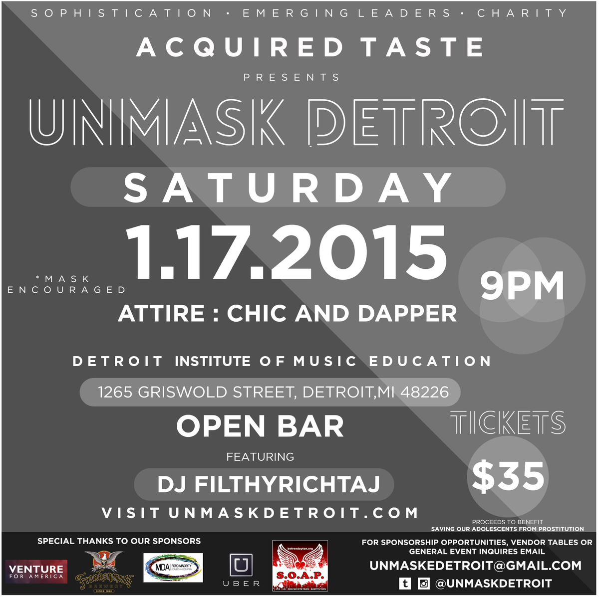 Few days from <a href="/UNMASKDETROIT/">UNMASKDETROIT</a> at the <a href="/DIME_Detroit/">DIME-DETROIT</a> on 01/17. Buy your tix for open bar &amp; fun at unmaskdetroit.com