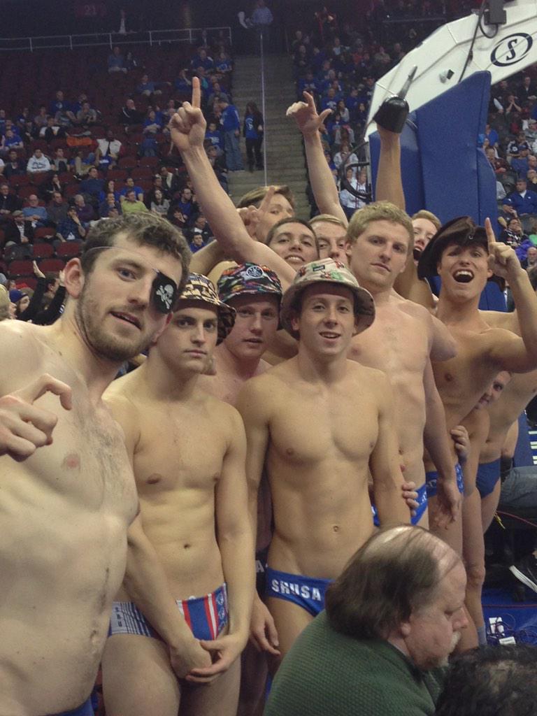 SHUSwimDive's tweet photo. Supporting @SHUAthletics at MBB game #BLUERISING #distractingfreethrows #speedogame http://t.co/h7EbnSqcbj