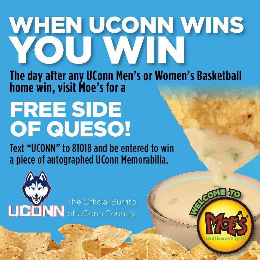 MoesCT's tweet photo. .@UConnMBB won tonight's game against UCF! Be sure to grab your FREE side of queso tomorrow. #MoeJo #BleedBlue http://t.co/jLbBQpTpE1