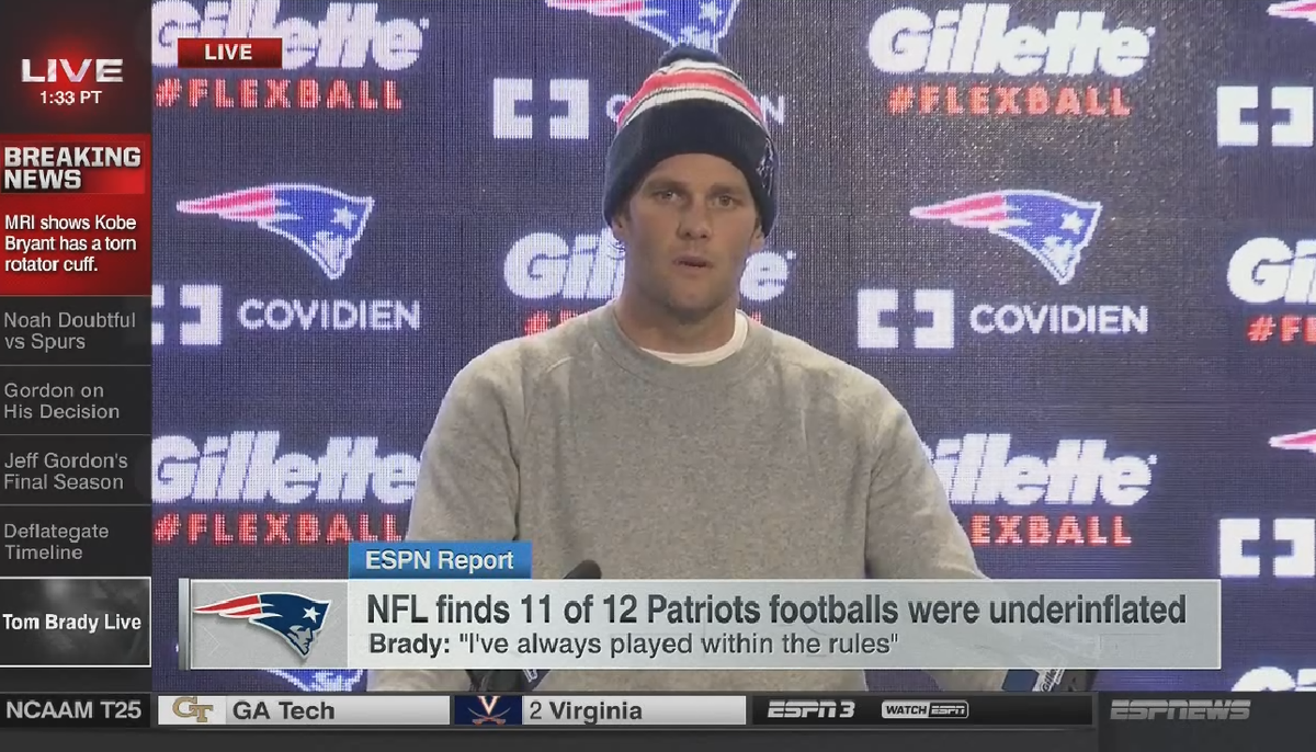 SportsCenter's tweet photo. Tom Brady says NFL investigators have not contacted him about the Deflategate allegations.  #LIVEonSC http://t.co/9xJQx5BBqy