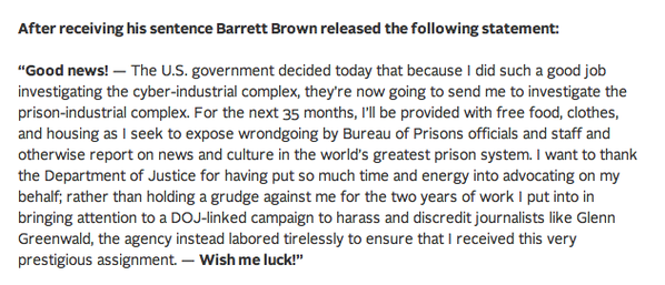 AnnaZ's tweet photo. #SassyBarrett
MT @Lukewearechange: Barrett Brown releases an EPIC post-sentencing statement #FreeBB http://t.co/YjrUFrBcPm