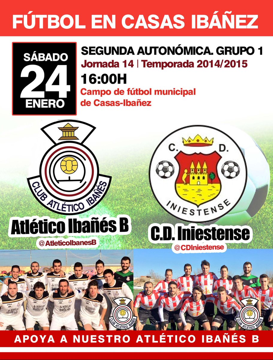 AtleticoIbanesB's tweet photo. Jornada 14
@AtleticoIbanesB vs @CDIniestense 
A partir de las 16:00 en el municipal
¿Repetimos como el sábado pasado? http://t.co/Gjyrnu5gTl