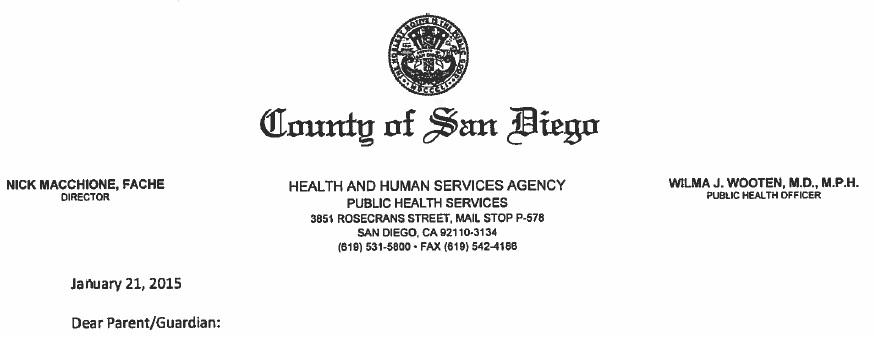 County of San Diego Public Health Services publishes parent letter about the measles outbreak: ow.ly/HN3J5
