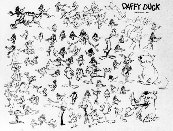 Daffy Duck model sheet by Chuck Jones with poses from:

Robin Hood Daffy 1958
The Abominable Snow Rabbit 1961

Warner