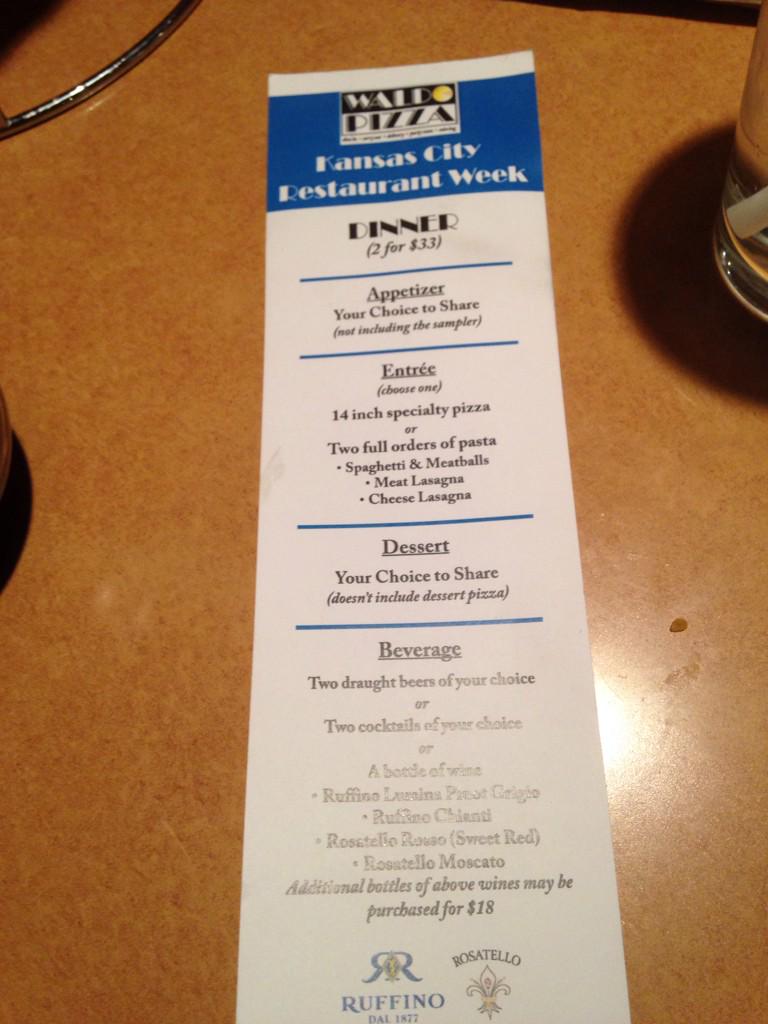 clint_mbbeerkc's tweet photo. .@waldopizza menu for @RestaurantWeek is the best deal for a family App/Pizza/Dessert/Booze http://t.co/vqLQdQU38U