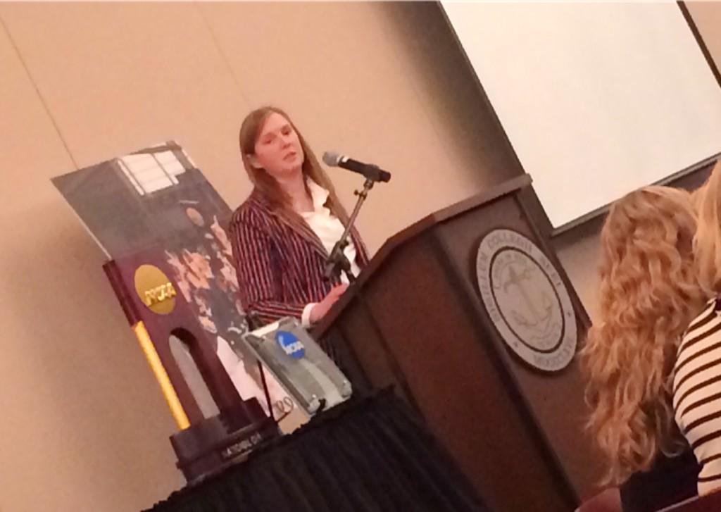 JenFelli's tweet photo. .@NCAADIII National Champ @hopevolleyball Coach Becky Schmidt inspiring a crowd of trustees tonight. #DigHopeVB http://t.co/PpWveqbfQn