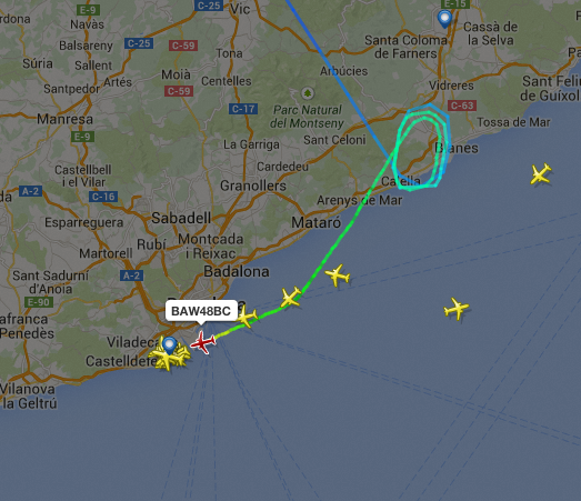 airlivenet's tweet photo. BREAKING British Airways #BA482 declared an emergency for a moment, now landing at Barcelona. http://t.co/ZdMPUA7nPQ