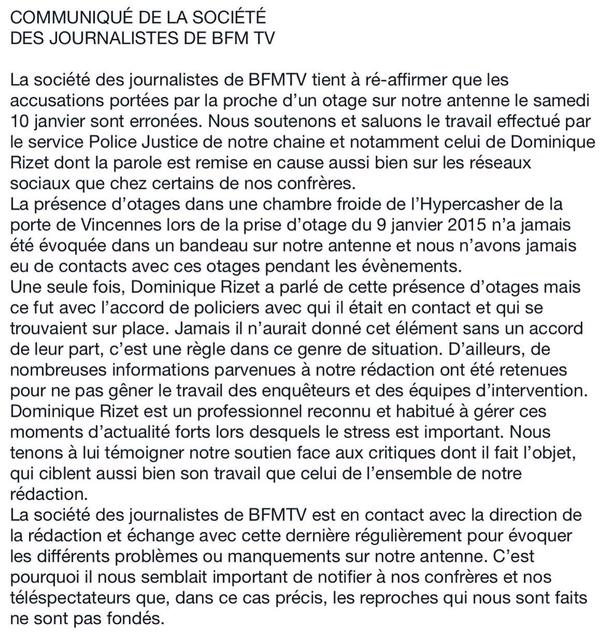 Olivier_Truchot's tweet photo. Pour ceux qui critiquent sans savoir : Communiqué de la SDJ de @BFMTV http://t.co/RSVUa0EE1Q