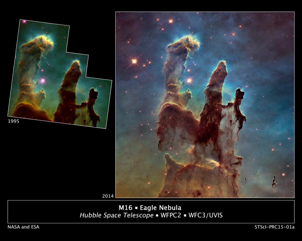redmondscience's tweet photo. The pillars of creation in the Eagle Nebula. The Hubble telescope was upgraded recently. #spaceisrad #MrRedmond http://t.co/kZittApwEW