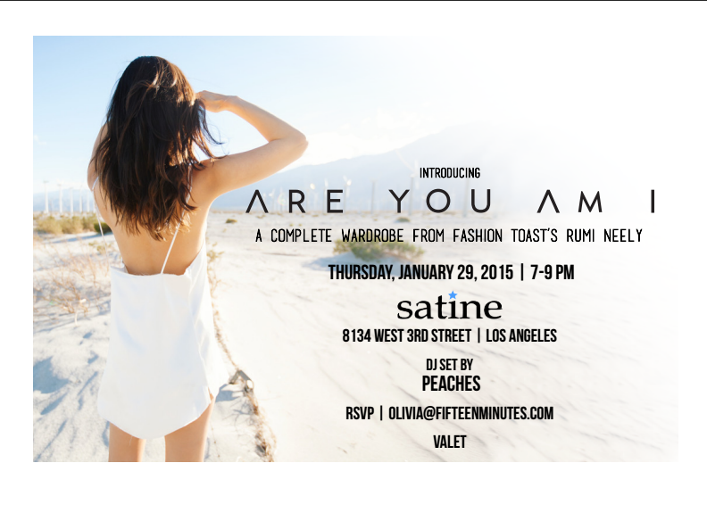 ARE YOU AM I by <a href="/rumineely/">Rumi Neely</a> Opening Event at Satine 3rd St! Jan 29, 2015 7-9PM RSVP olivia@fifteenminutes.com