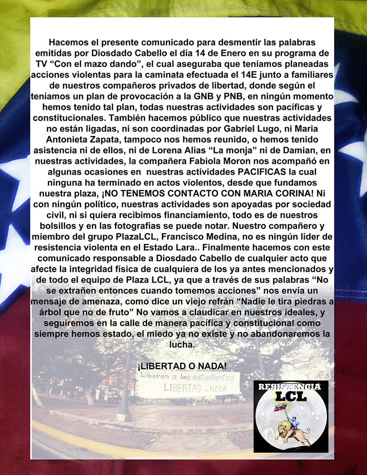 ResistenciaLar's tweet photo. En vista de las calumnias levantadas por Diosdado Cabello en nuestra contra, hacemos publico el presente comunicado. http://t.co/1LHVdHyjza