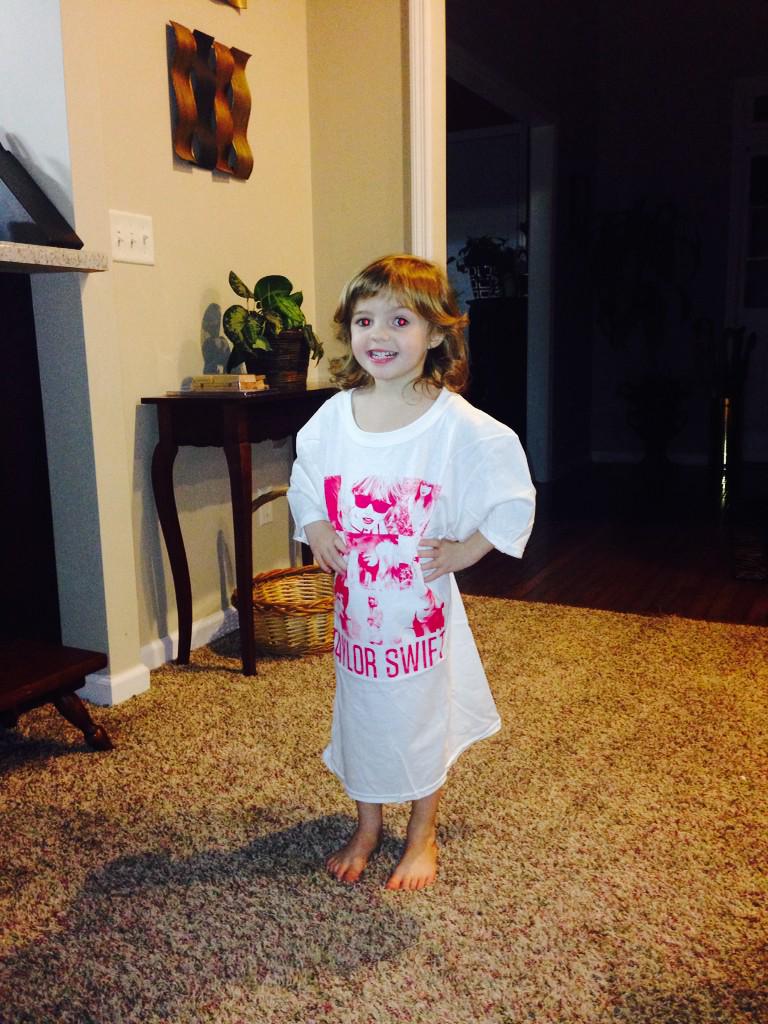AmandaJButler's tweet photo. @Tumbleweed975 made my girls night by sending her the @taylorswift13 shirt! It's big but she'll grow into it. http://t.co/CRFpS2CJR9
