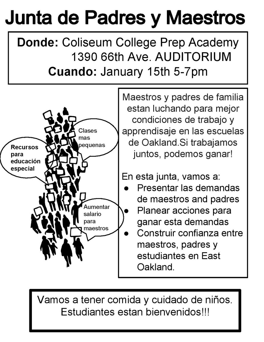 OaklandEA's tweet photo. TODAY: OUSD Parent Teacher Unity Meeting 5pm-7pm 1/15 Coliseum College Prep Academy 1390 66th Ave. AUDITORIUM http://t.co/YoZbCOocuG