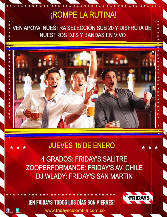 FridaysColombia's tweet photo. ¡Hoy música en vivo!, #FridaysSalitre @4GradosOficial, #FridaysAvChile #Zooperformance y #FridaysSanMartin DJ WLADY http://t.co/VqV1ZzahqN