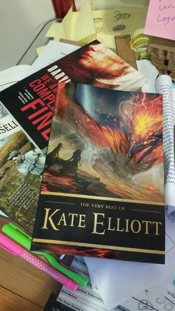 HyperbolicTelly's tweet photo. The Very Best of Kate Elliott has arrived from the printer and touched down on my messy desk! #KateElliott #Tachyon http://t.co/PRB5ePBJK2