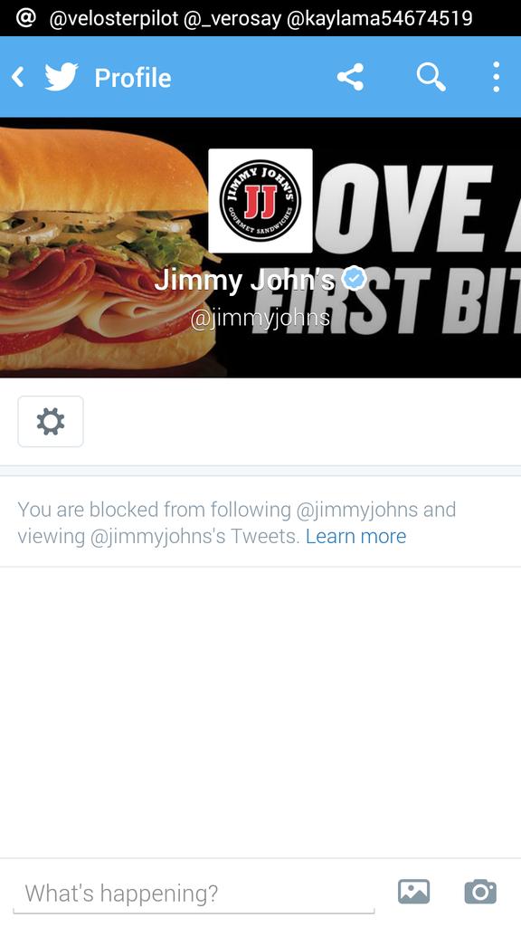 _verosay's tweet photo. Well.... @jimmyjohns blocked me. #BoycottJimmyJohns http://t.co/XsOkSWaA9L