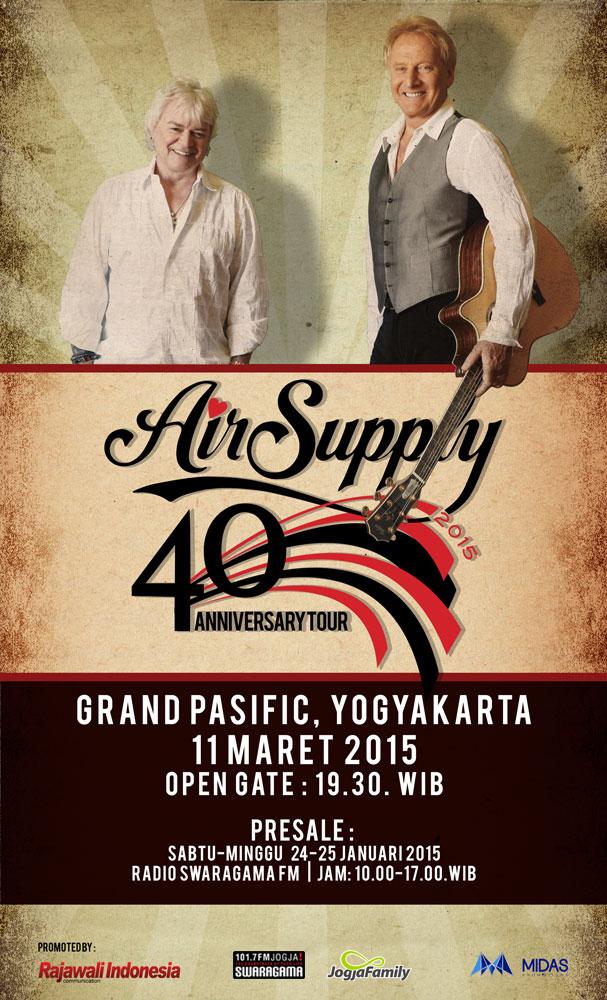 swaragamafm's tweet photo. AIR SUPPLY #40AnniversaryTour | 11 Maret 2015 | di Grand Pacific Hall Yogyakarta | Pre-sale di @swaragamafm 24-25 Jan http://t.co/odpNYpNoJj