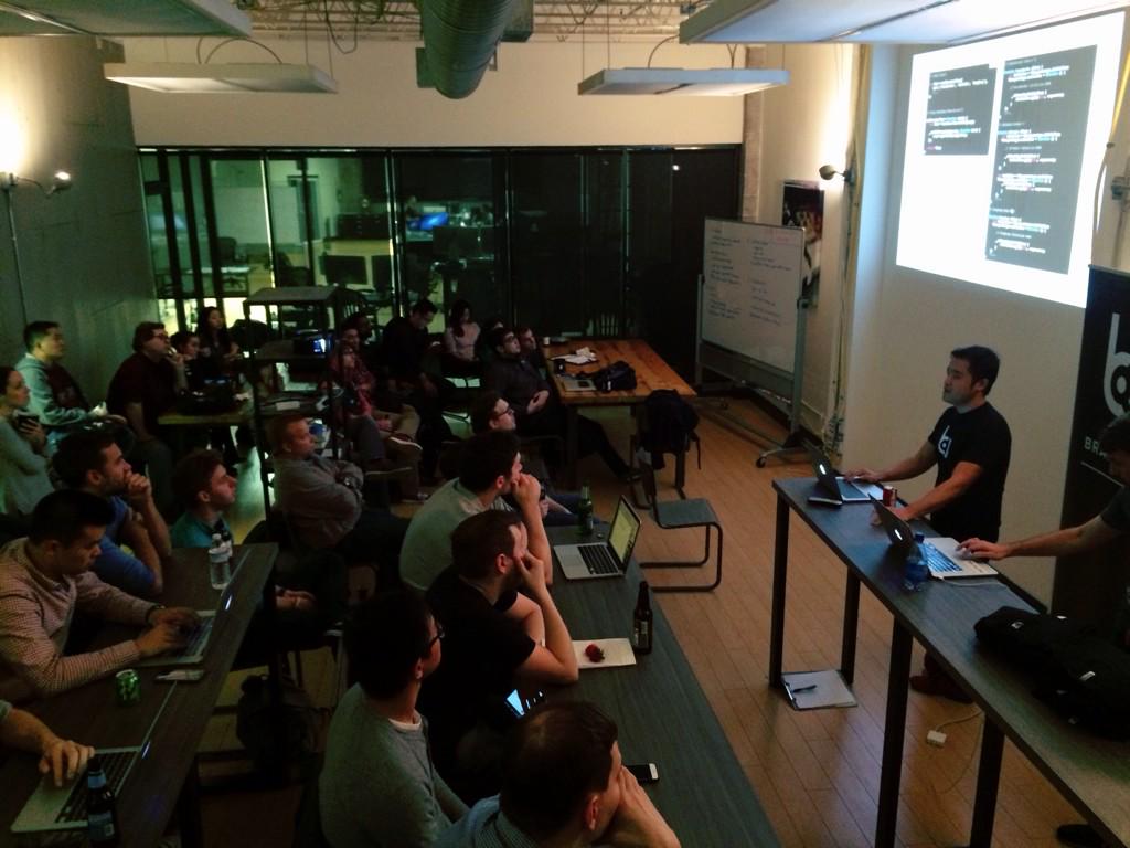 pyramation's tweet image. Hao Liu giving great talk on multiple inheritance in #javascript at @brandcastapp #functionalJS