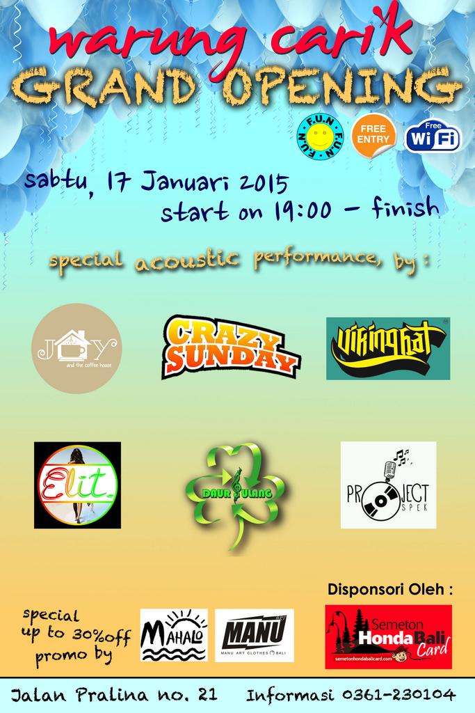 manuartclothes's tweet image. grand opening warung carik sabtu tgl 17 januari 2015. 
jgn sampe lupa buat dtg guys!! 
support our local brand ;-)