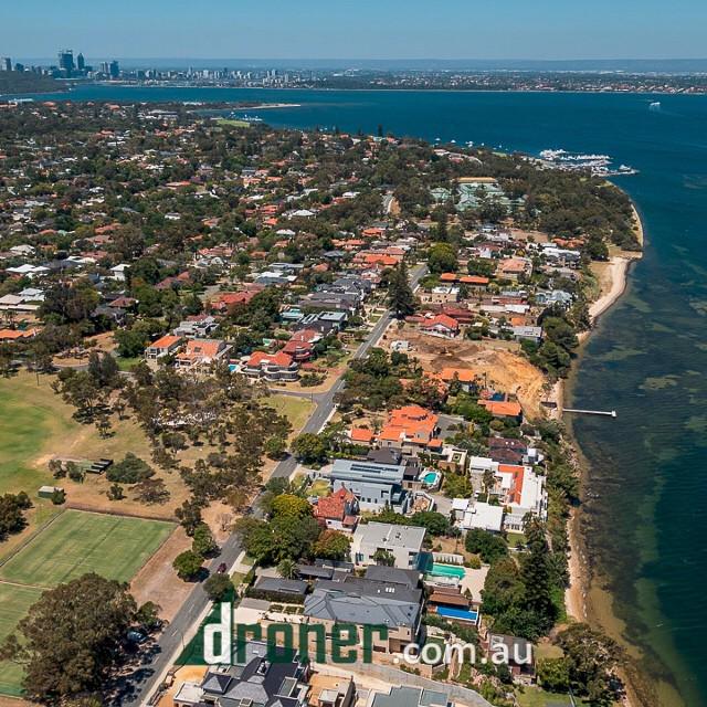 Looking down on Dalkeith from Point Resolution, with the city in the background. #drone #UAV #Perth <a href="/showmeperth/">Creating Dough</a> ...