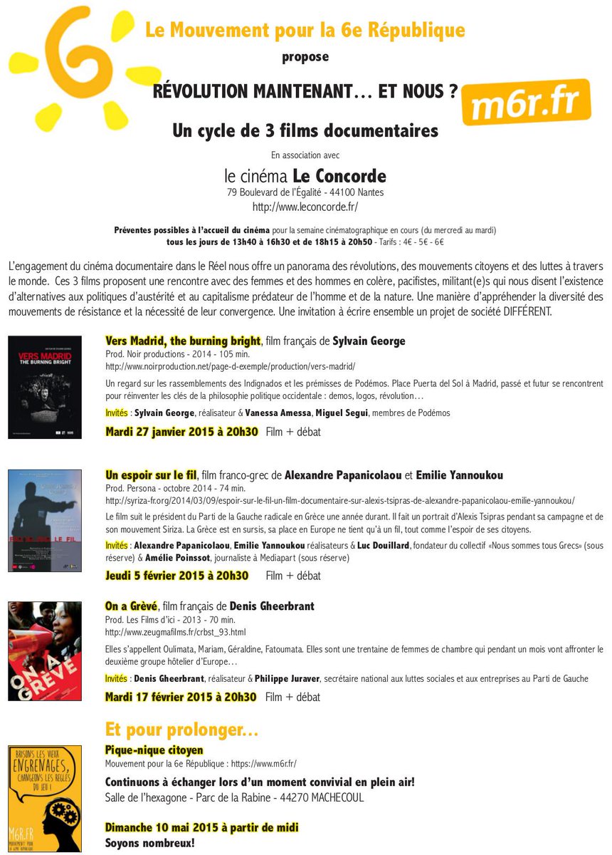 partidegauche44's tweet photo. [M6R] « Révolution maintenant… et nous » : 3 films à l’affiche http://t.co/2ypIiCWVEl #pg44 #PG http://t.co/kvrbQlXea4
