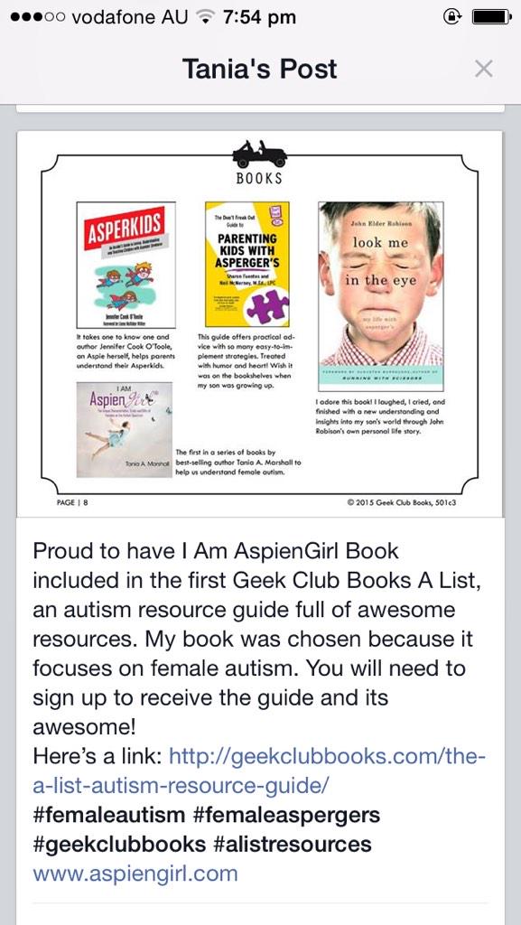 TaniaAMarshall's tweet photo. Proud to be included in @geekclubbooks 1st A list, an autism guide of awesome resources #GeekClubBooks #femaleautism http://t.co/rkNbPc1WDI