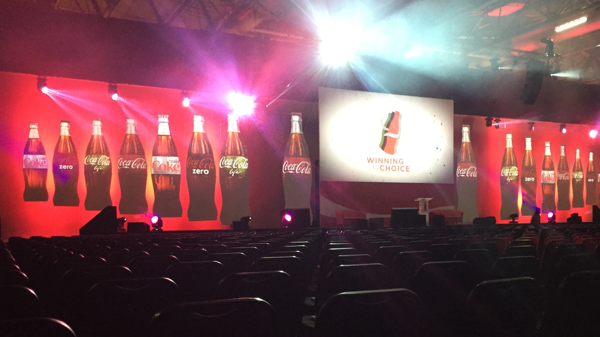 Eclipse_Event's tweet photo. At @thenec for @CokeCCE conference &amp; gala dinner. Our projection mapped cola bottle stage set has gone down a storm! http://t.co/bzIgHJrrMf