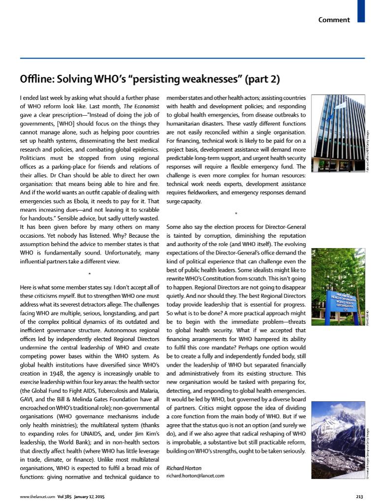 TheLancet's tweet photo. This week's Offline: solving WHO's "persisting weaknesses" part 2 http://t.co/HbRlLxtbBG http://t.co/fDCnF0Pm2z