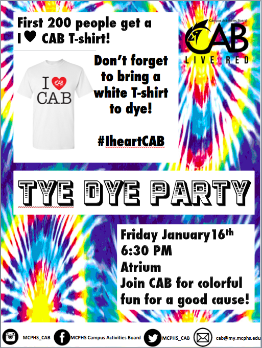 MCPHS_CAB's tweet photo. Join us for an AMAZING Tie Dye event tonight!
And if you want to volunteer and help out email cab@my.mcphs.edu http://t.co/mrHXfC4JBZ