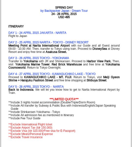 DreamTourID's tweet photo. #BackpackerJapan SPRING DAY 24-28 APRIL 2015 USD 495. TOKYO - YOKOHAMA - DISNEY RESORT ๐๐ก http://t.co/roPt4tV1x7
