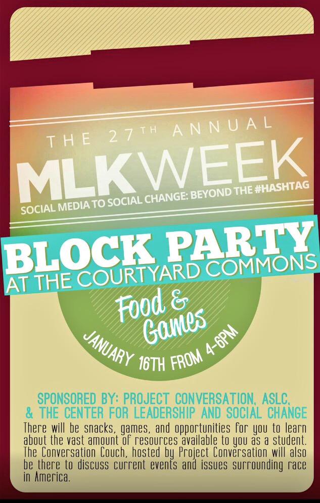 FSUMLKWeek's tweet photo. Join us at the #MLKWeek Block Party today from 4-6 in the SLC Courtyard! #BeyondTheHashtag #projectconversation http://t.co/dURWAmtLqV