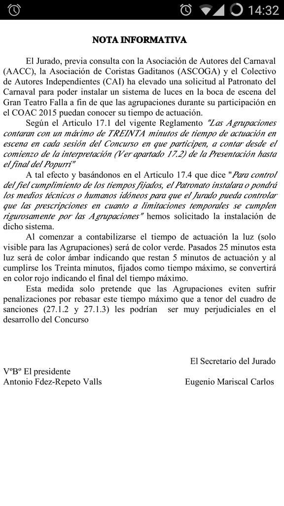 Karnavaleros's tweet photo. Esta Nota de Prensa mola. Se va a instalar un "semáforo" para que las agrupaciones no rebasen los 30min... #COAC2015 http://t.co/1gk8fXPhLd