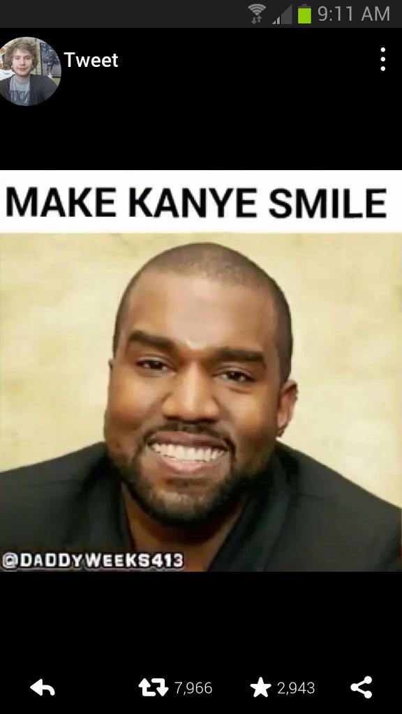 letsgetmellow's tweet image. "@TheFunnyTeens: RT if you made Kanye smile😂 vine.co/v/OwlZFrZMYDq"