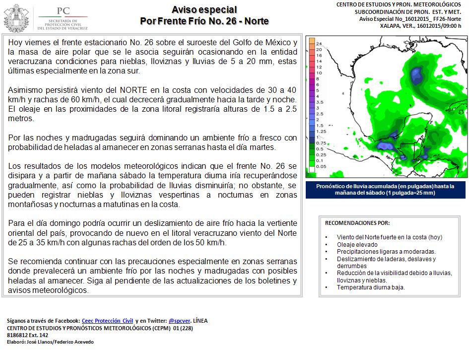 spcver's tweet photo. #AvisoEspecial Hoy persistirá ambiente fresco a frío, evento de Norte algo fuerte, nieblas, lloviznas y lluvias. http://t.co/L6VuegV2aY