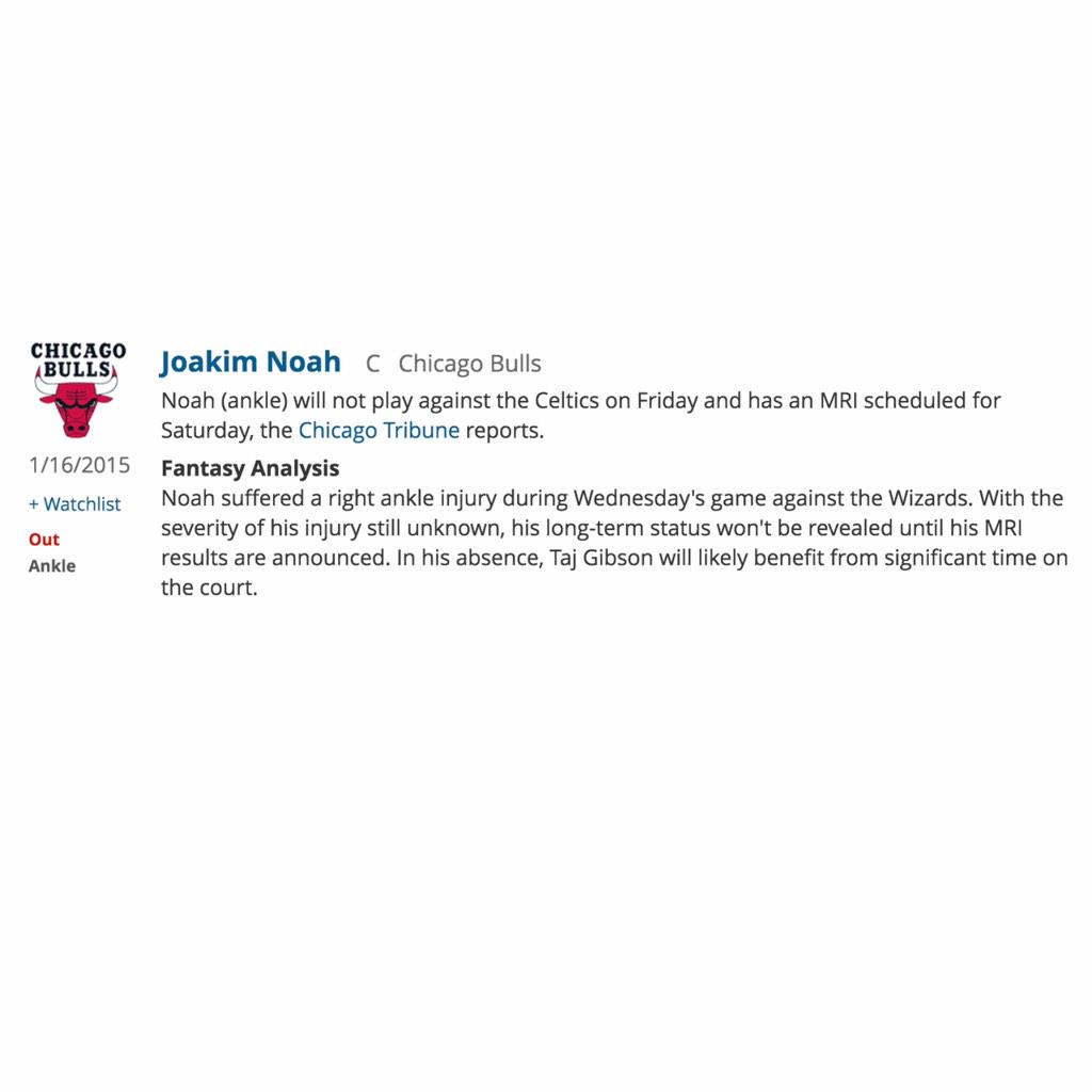 SLEEPERgNBAnews's tweet image. CHI J. Noah (ankle) will not play against the Celtics on Friday and has an MRI scheduled... @RotoWire #RotoWire