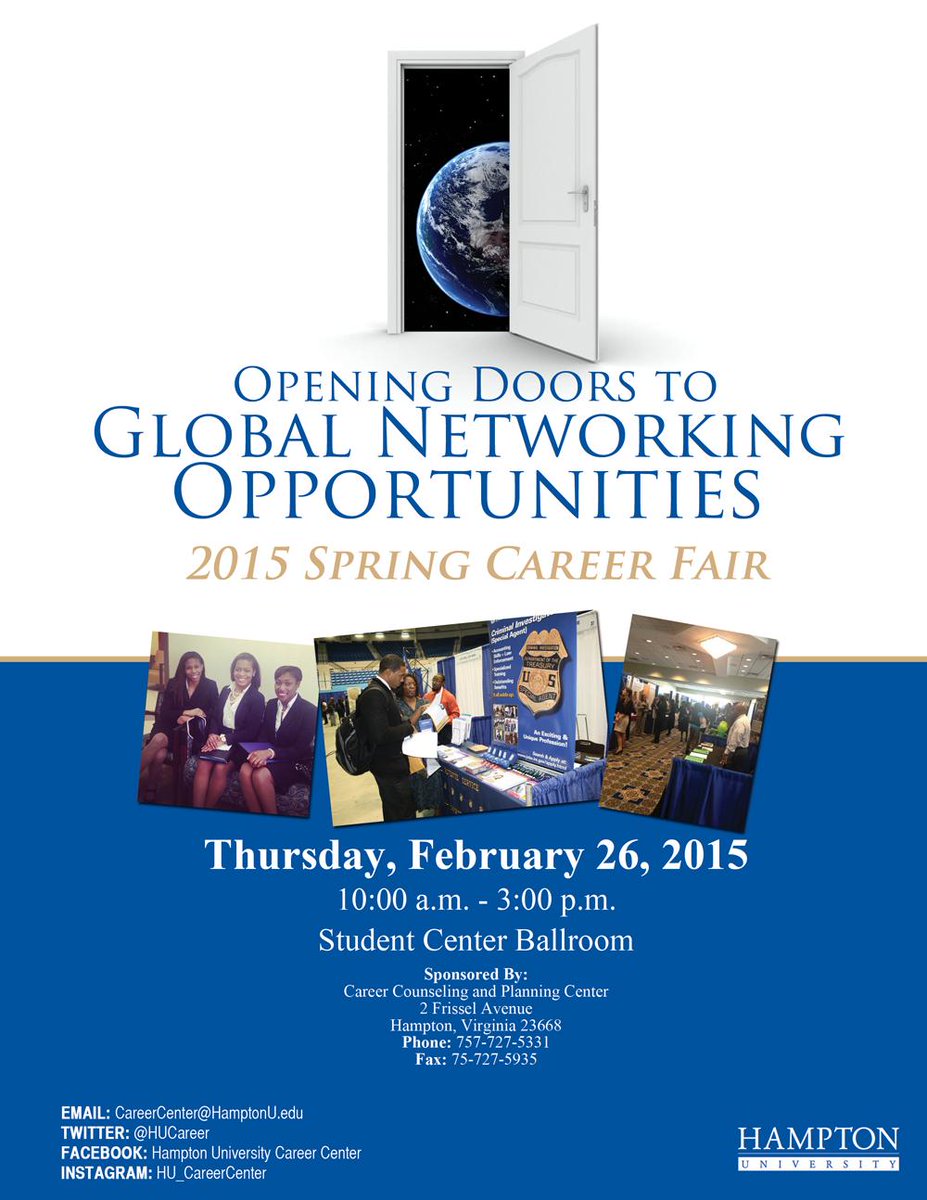_HamptonU's tweet photo. 2015 Spring Career Fair
February 26, 2015
Student Center Ballroom
10:00 A.M. - 3:00 P.M. 
http://t.co/ERTeXYFVXP http://t.co/O1K7qsLm3l