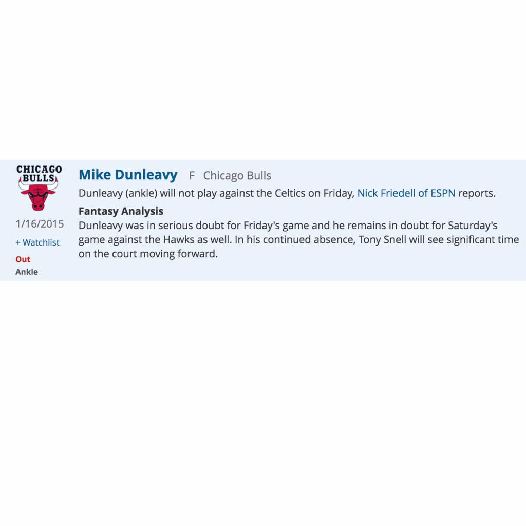 SLEEPERgNBAnews's tweet image. CHI SF M. Dunleavy (ankle) will not play against the Celtics on Friday... @RotoWire #RotoWire
