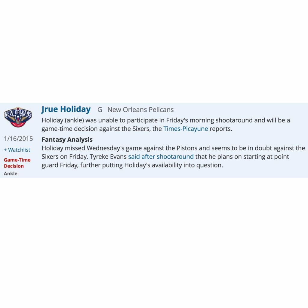 SLEEPERgNBAnews's tweet image. NOP PG J. Holiday (ankle) was unable to participate in Friday's morning shootaround and will be a GTD...