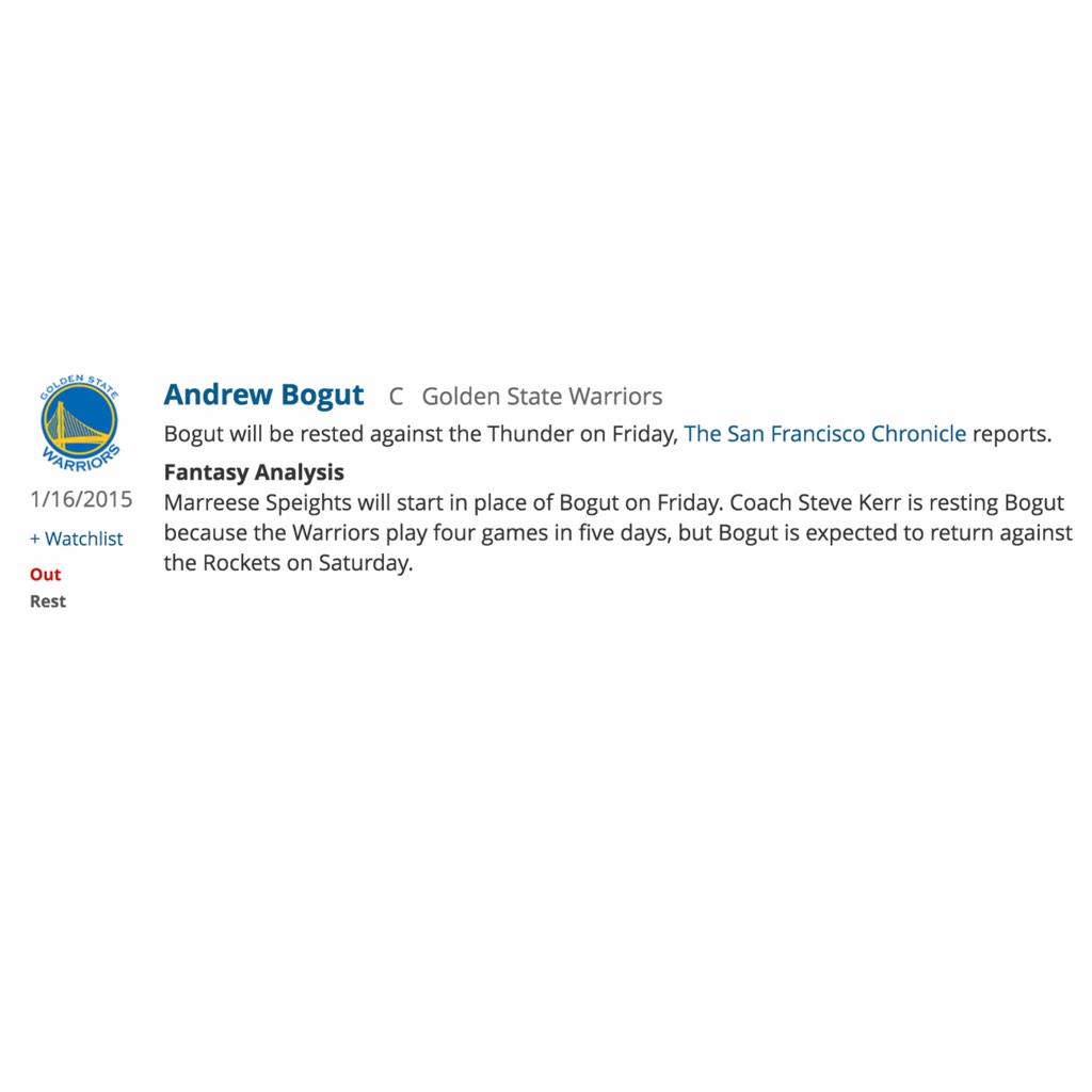 SLEEPERgNBAnews's tweet image. GSW C A. Bogut will be rested against the Thunder on Friday, The San Francisco Chronicle reports. #RotoWire