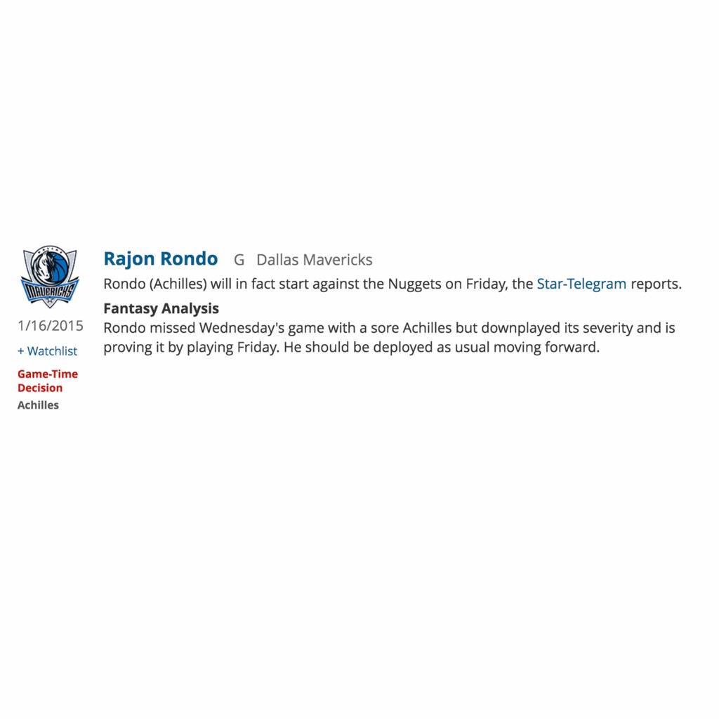 SLEEPERgNBAnews's tweet image. DAL PG R. Rondo (Achilles) will in fact start against the Nuggets on Friday... #RotoWire