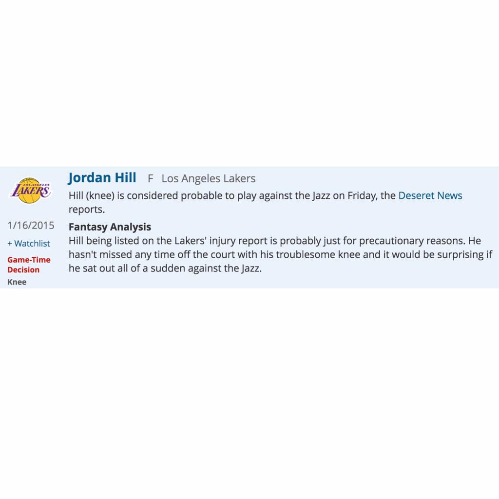 SLEEPERgNBAnews's tweet image. LAL J. Hill (knee) is considered probable to play against the Jazz on Friday... #NBA #RotoWire